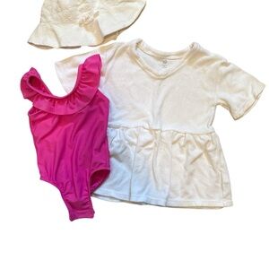 Pink Ruffle Swimsuit and White Terry Cloth Cover Up with Hat Swim Set